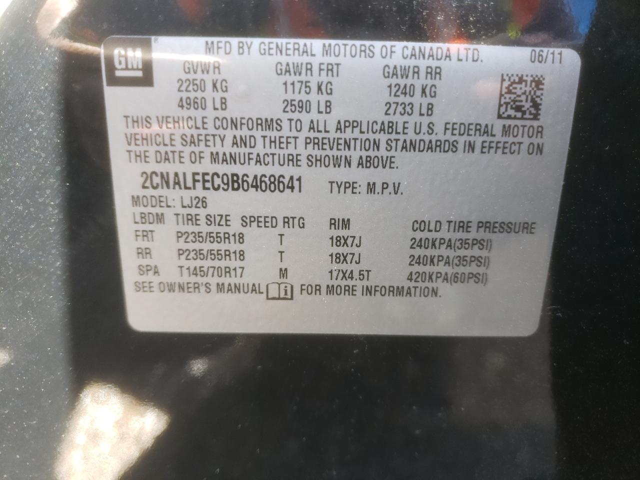 Photo 10 from auction – 2011 CHEVROLET EQUINOX LT with VIN 2CNALFEC9B6468641