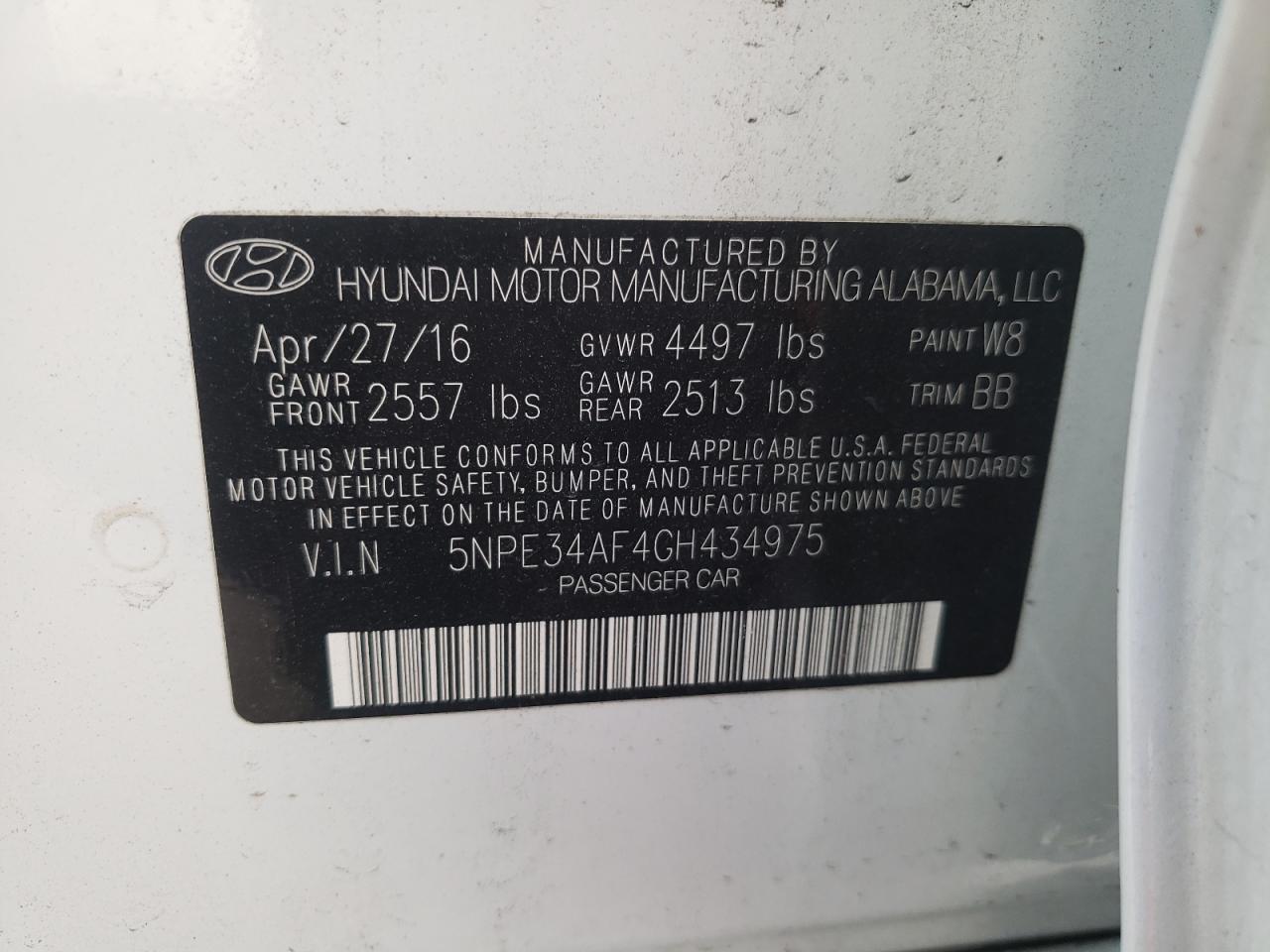 Photo 10 from auction – 2016 HYUNDAI SONATA SPO with VIN 5NPE34AF4GH434975