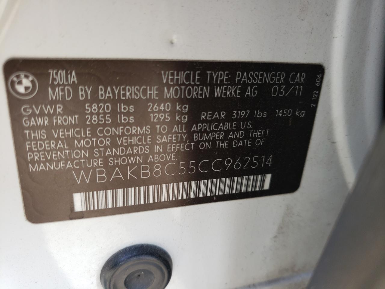 Photo 10 from auction – 2012 BMW 750 LI with VIN WBAKB8C55CC962514