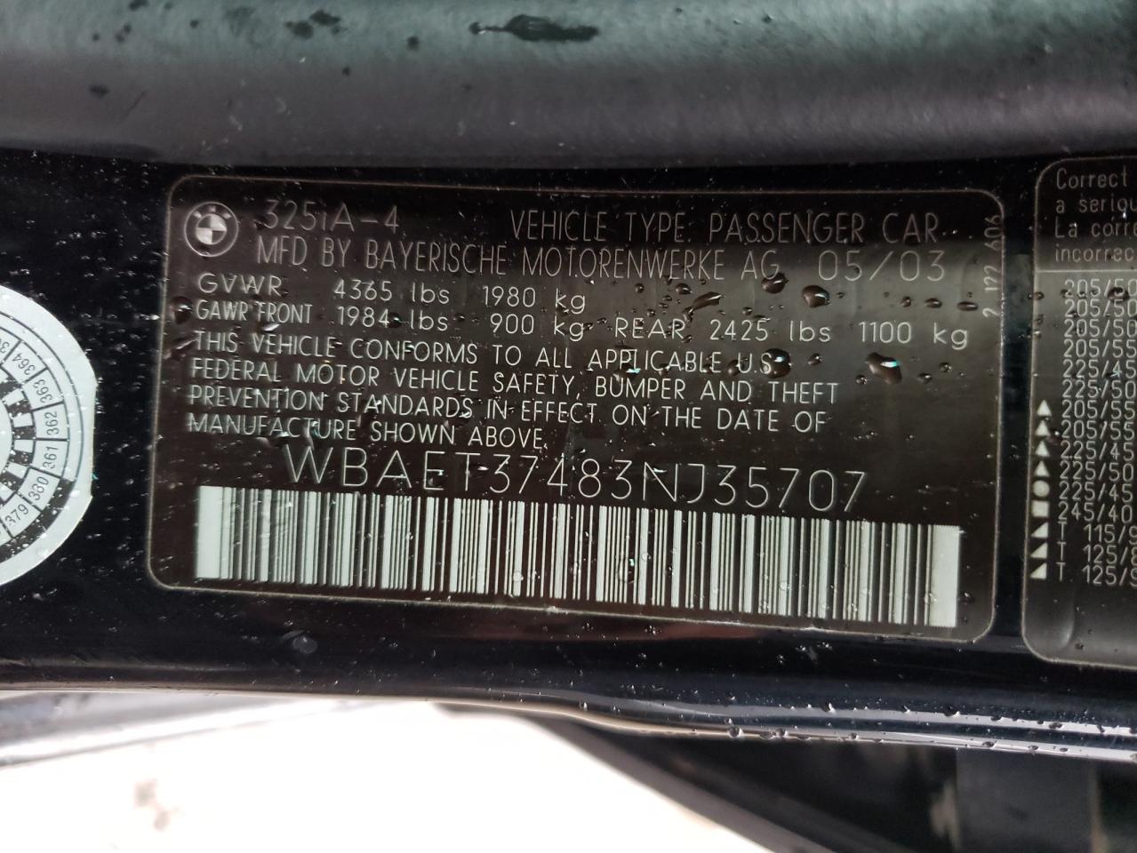 Photo 10 from auction – 2003 BMW 325 I with VIN WBAET37483NJ35707