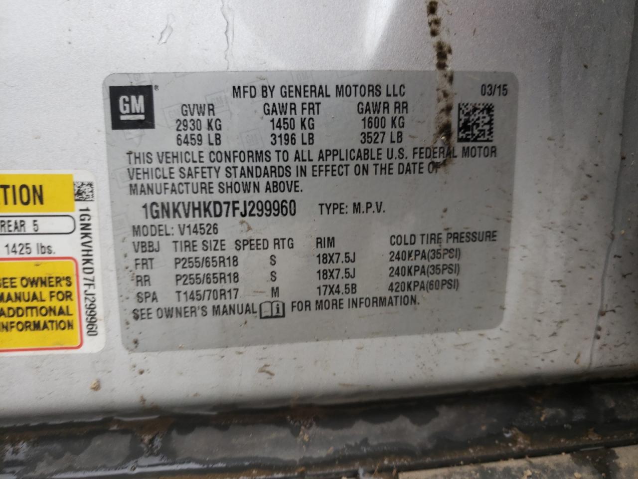 Photo 10 from auction – 2015 CHEVROLET TRAVERSE L with VIN 1GNKVHKD7FJ299960