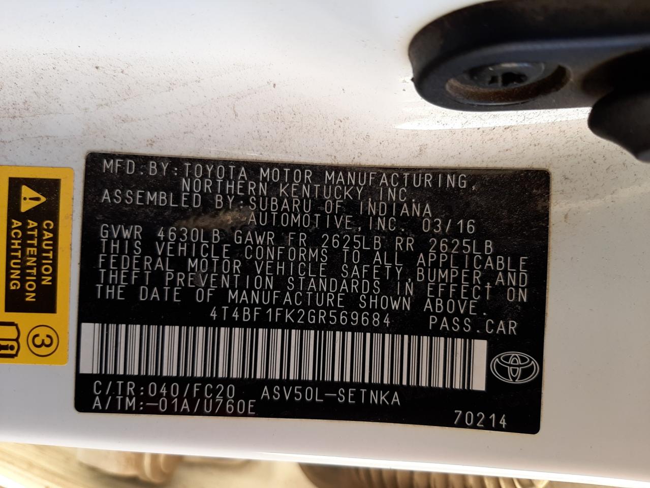 Photo 10 from auction – 2016 TOYOTA CAMRY LE with VIN 4T4BF1FK2GR569684