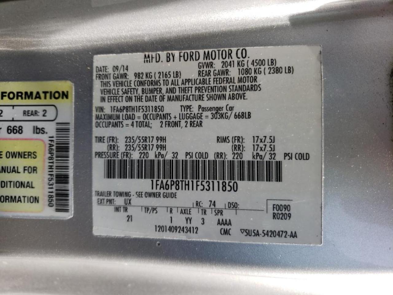 Photo 10 from auction – 2015 FORD MUSTANG with VIN 1FA6P8TH1F5311850