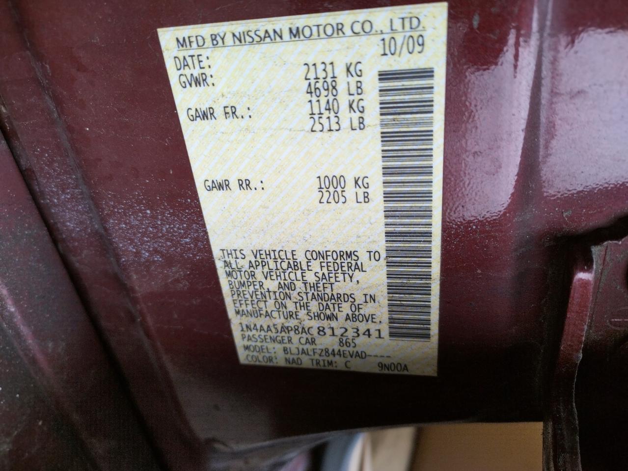 Photo 10 from auction – 2010 NISSAN MAXIMA S with VIN 1N4AA5AP8AC812341