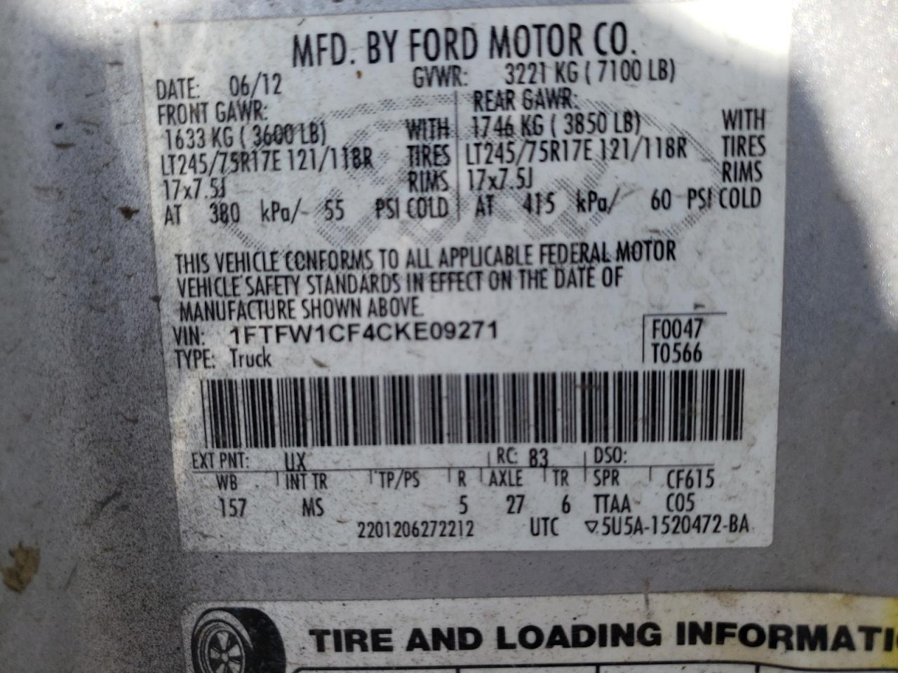 Photo 10 from auction – 2012 FORD F150 SUPER with VIN 1FTFW1CF4CKE09271