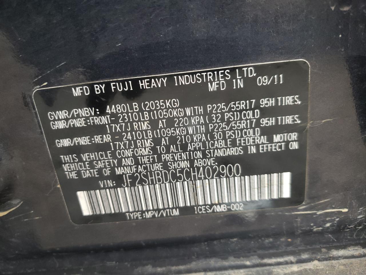 Photo 10 from auction – 2012 SUBARU FORESTER 2 with VIN JF2SHBDC5CH402900