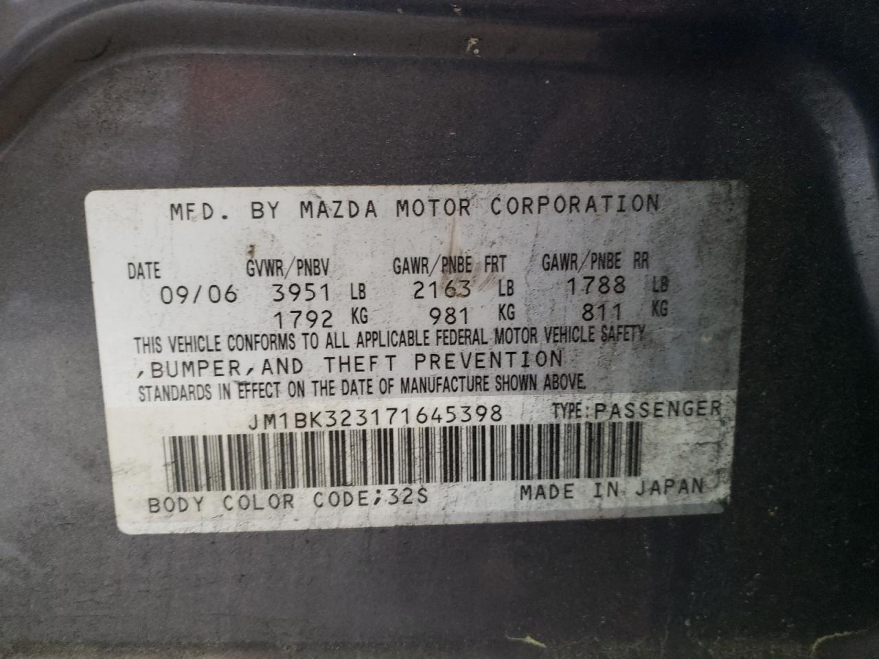 Photo 10 from auction – 2007 MAZDA 3 S with VIN JM1BK323171645398