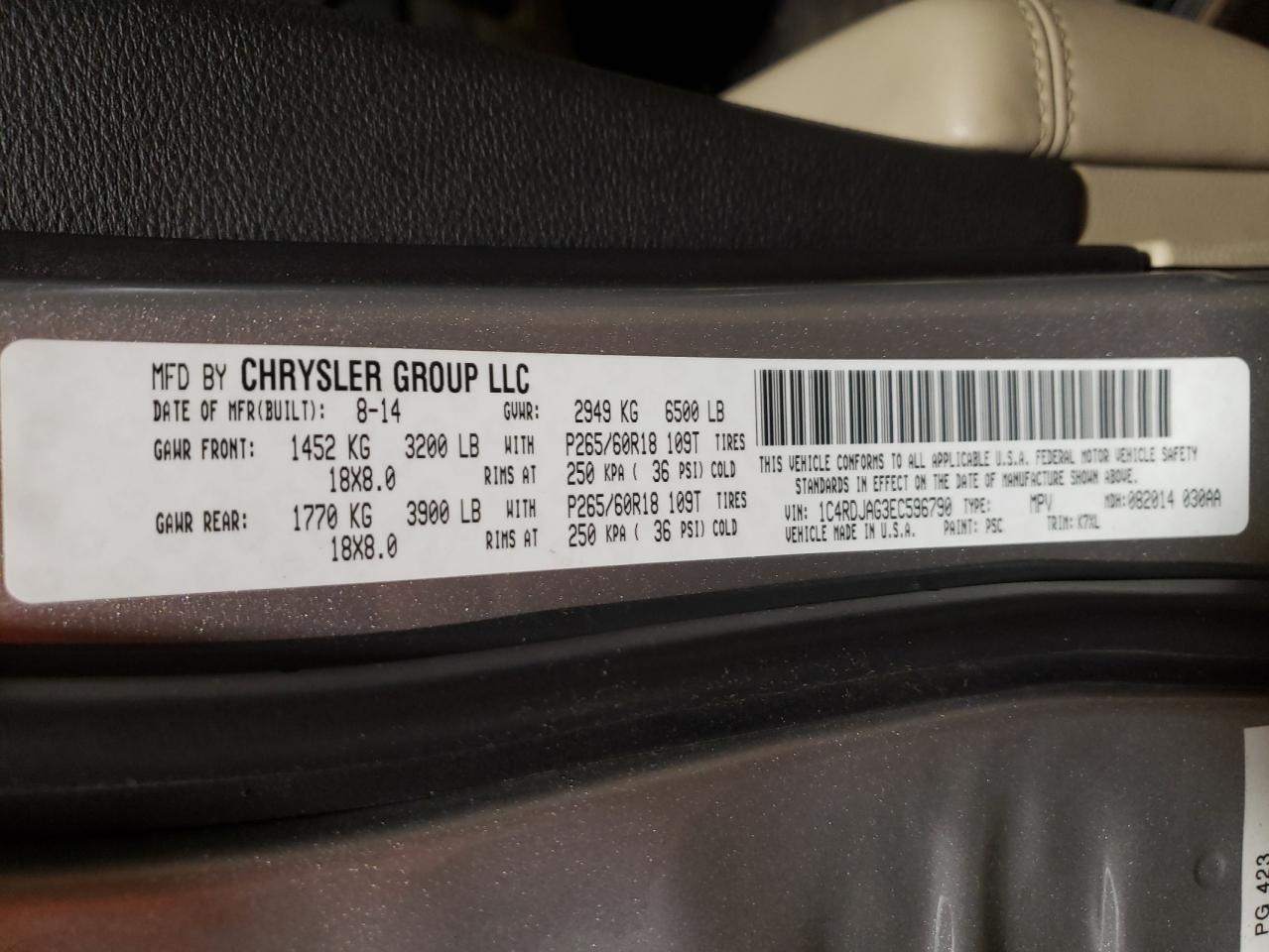 Photo 10 from auction – 2014 DODGE DURANGO SX with VIN 1C4RDJAG3EC596790