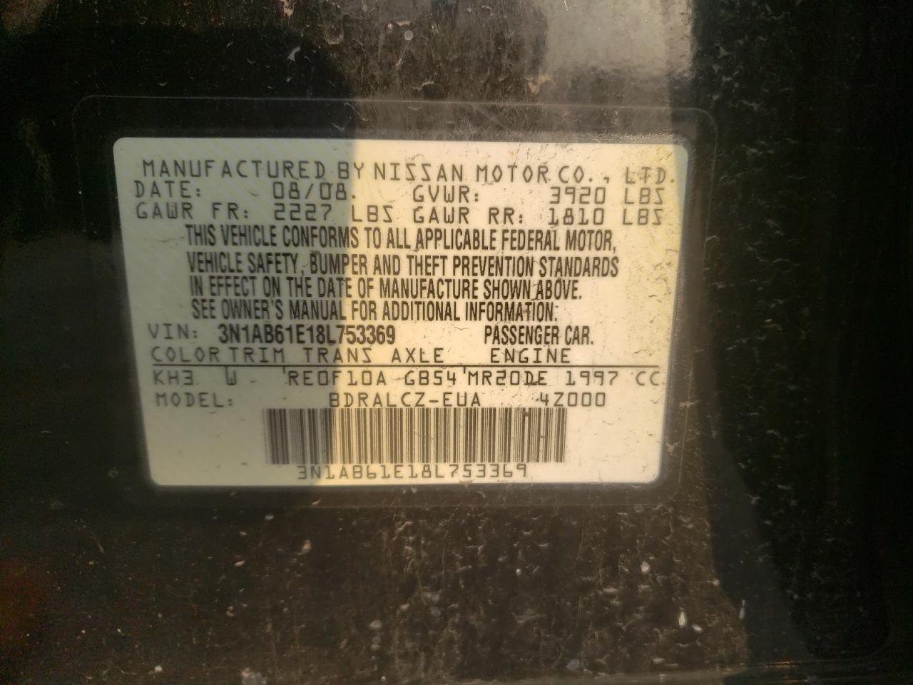 Photo 10 from auction – 2008 NISSAN SENTRA 2.0 with VIN 3N1AB61E18L753369