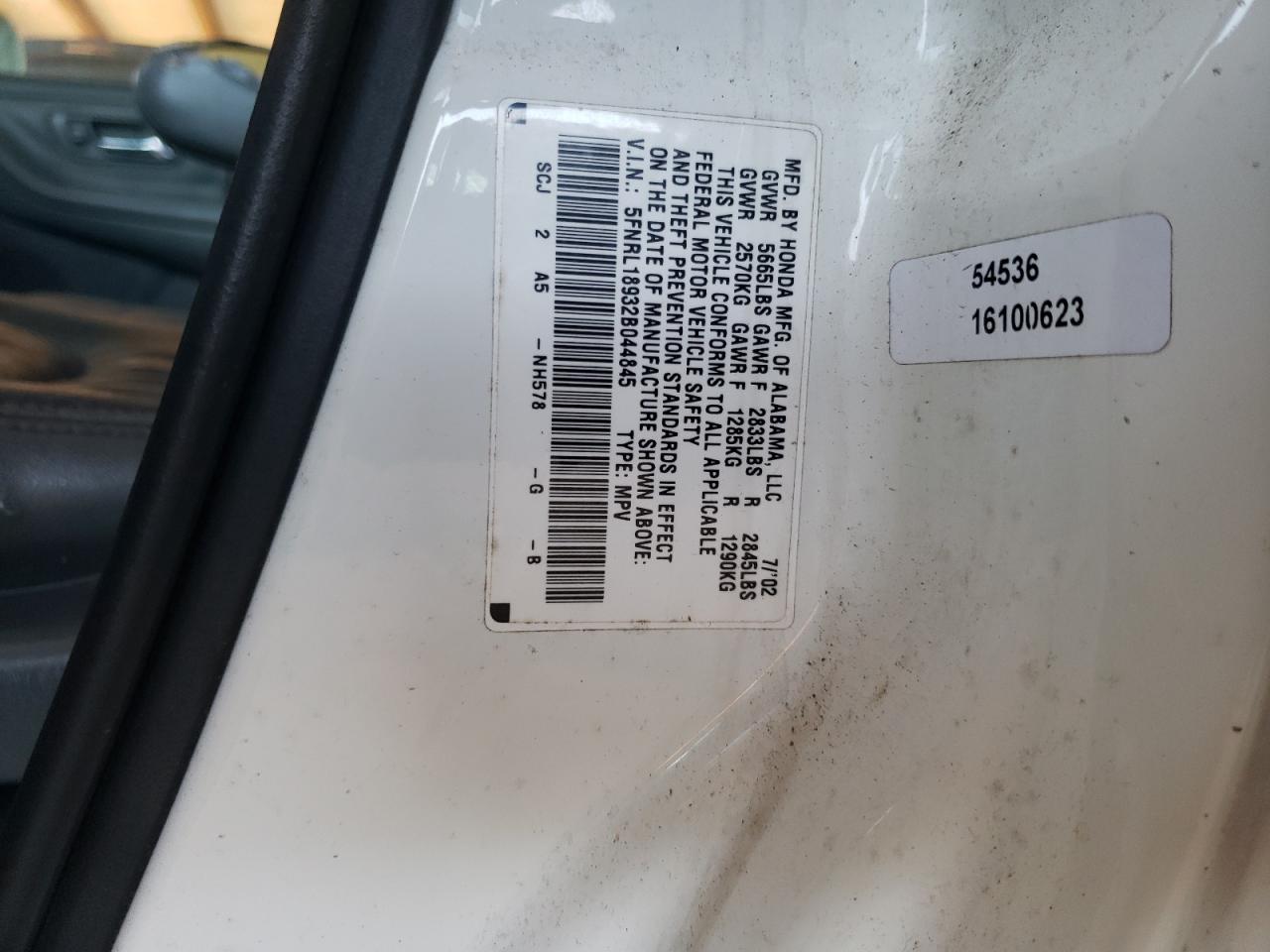 Photo 10 from auction – 2002 HONDA ODYSSEY EX with VIN 5FNRL18932B044845