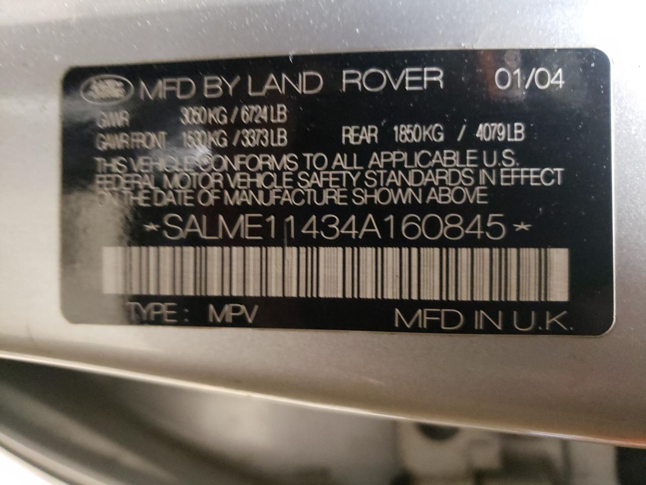 Photo 10 from auction – 2004 LAND ROVER RANGE ROVE with VIN SALME11434A160845