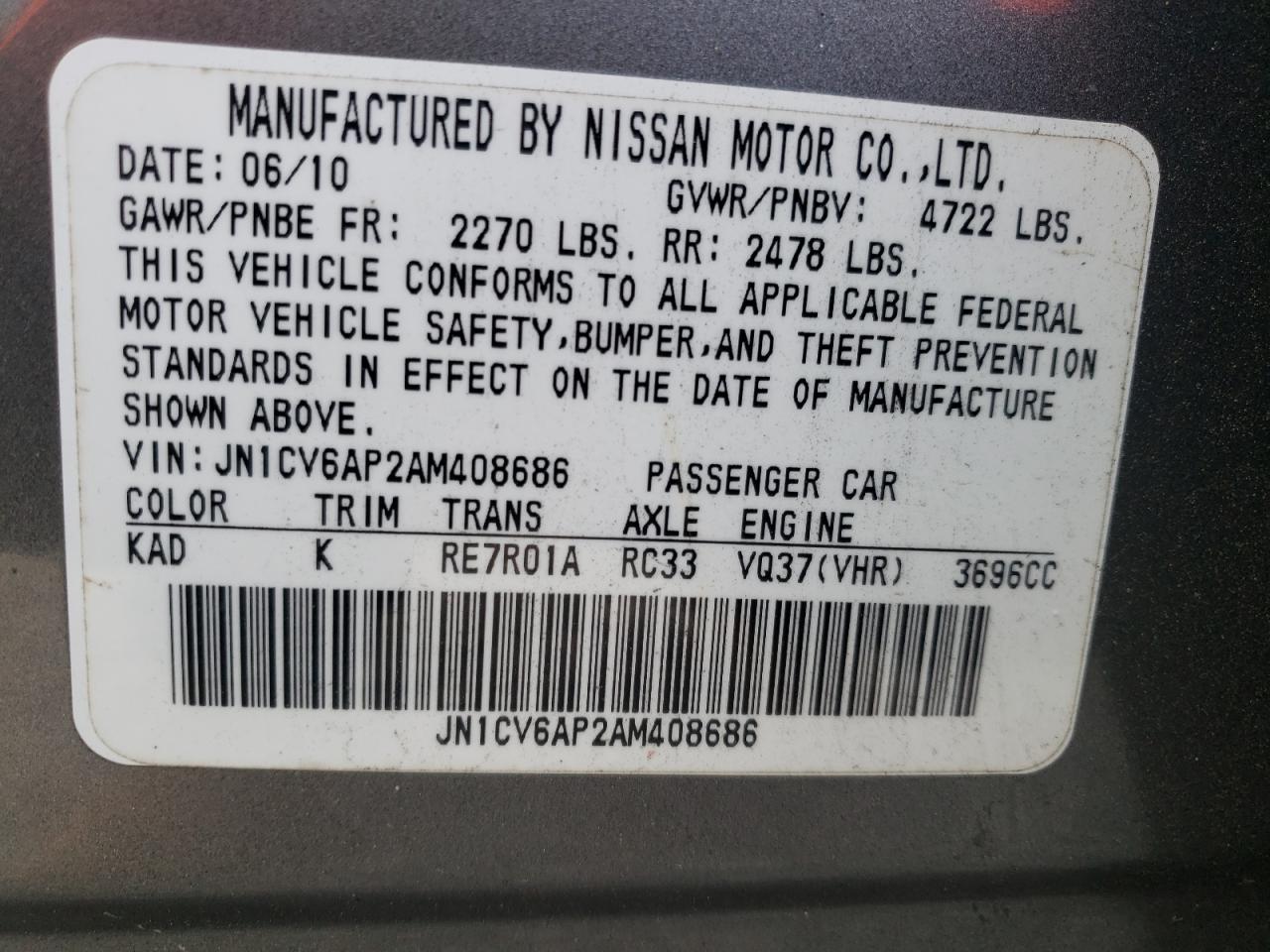 Photo 10 from auction – 2010 INFINITI G37 BASE with VIN JN1CV6AP2AM408686