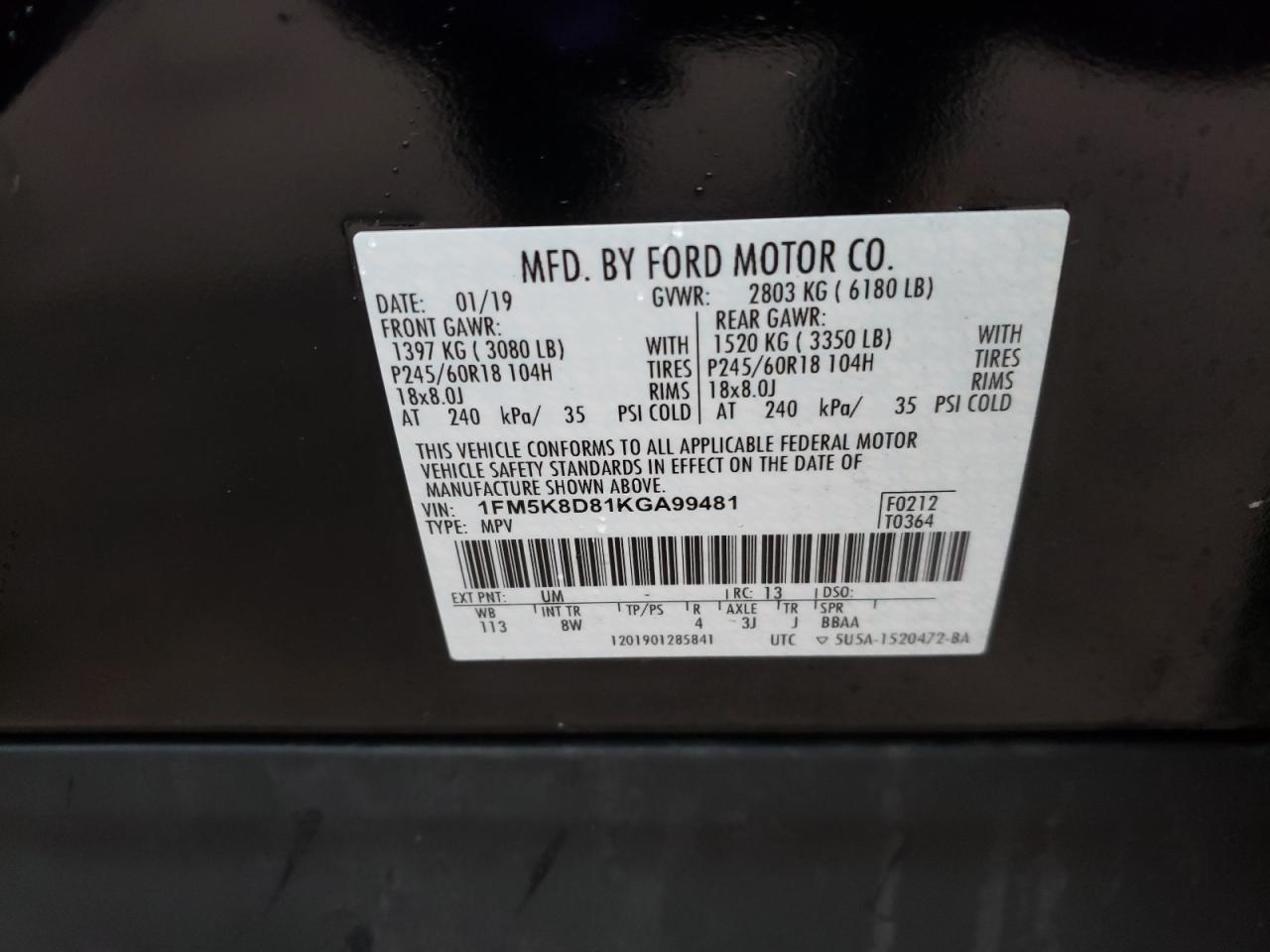 Photo 10 from auction – 2019 FORD EXPLORER X with VIN 1FM5K8D81KGA99481