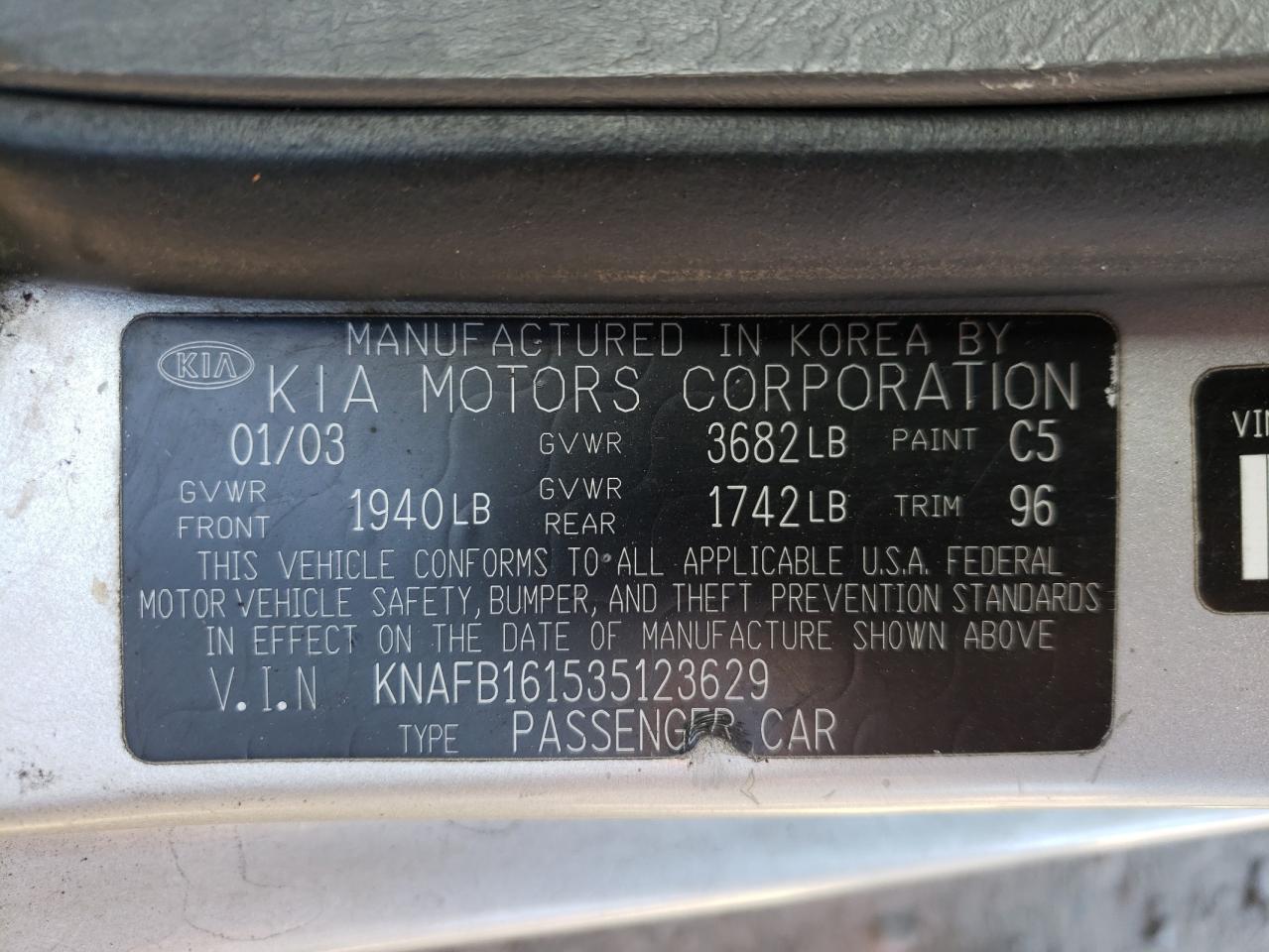 Photo 10 from auction – 2003 KIA SPECTRA GS with VIN KNAFB161535123629