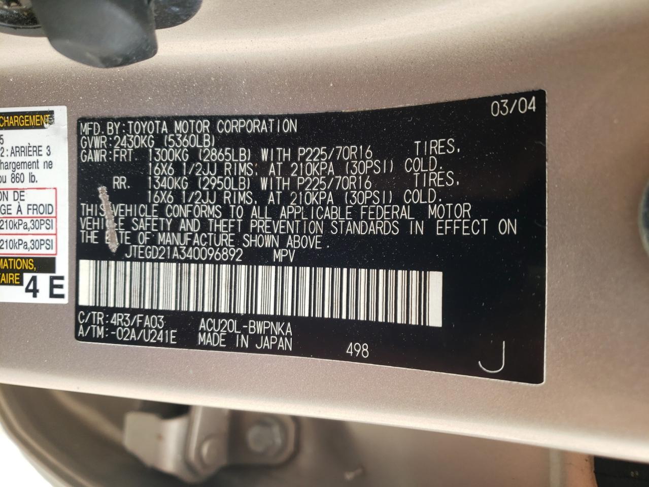 Photo 10 from auction – 2004 TOYOTA HIGHLANDER with VIN JTEGD21A340096892