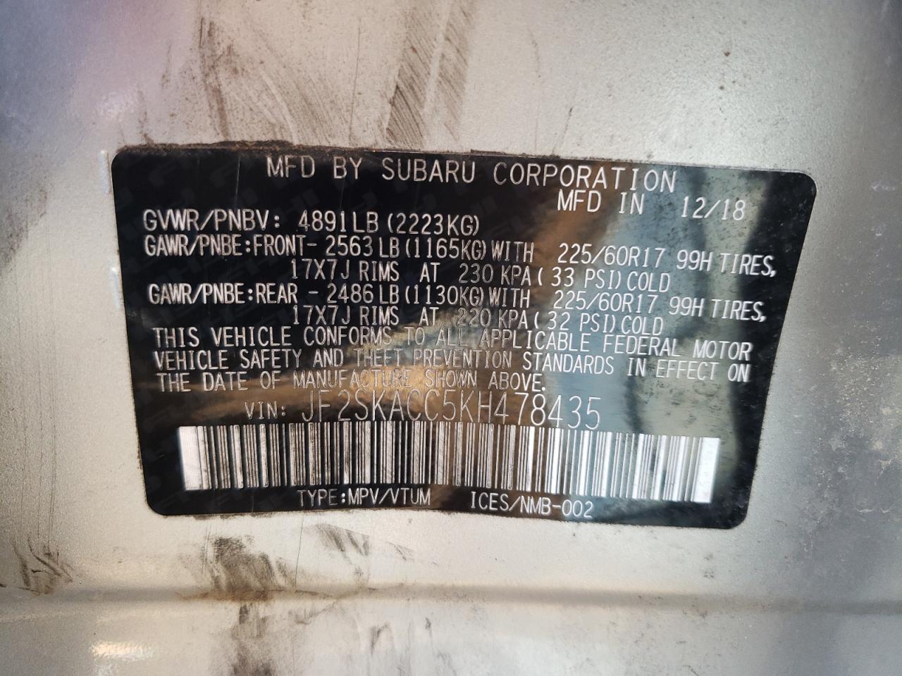 Photo 10 from auction – 2019 SUBARU FORESTER with VIN JF2SKACC5KH478435