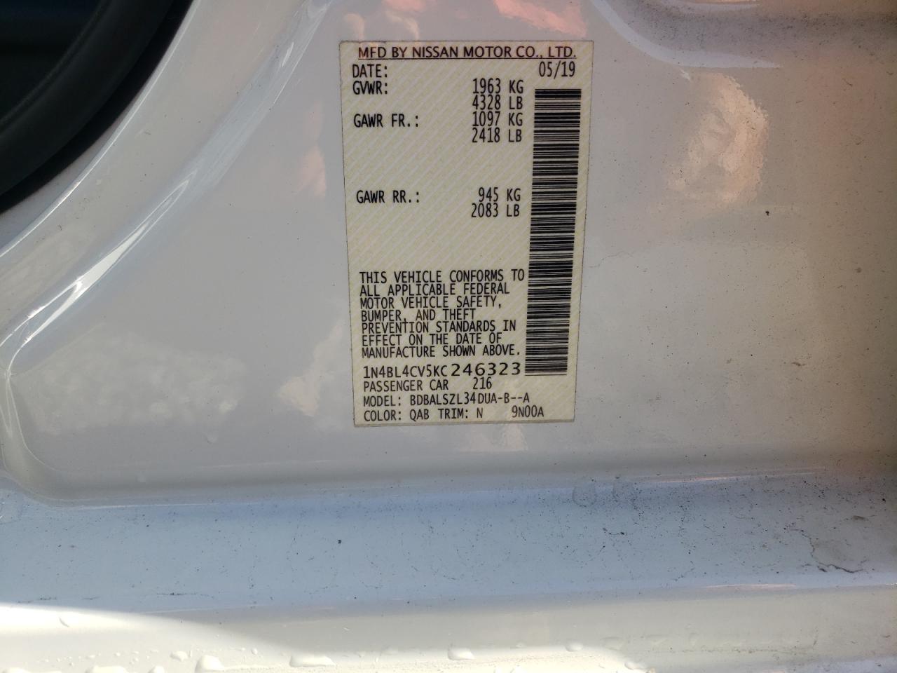 Photo 10 from auction – 2019 NISSAN ALTIMA SR with VIN 1N4BL4CV5KC246323
