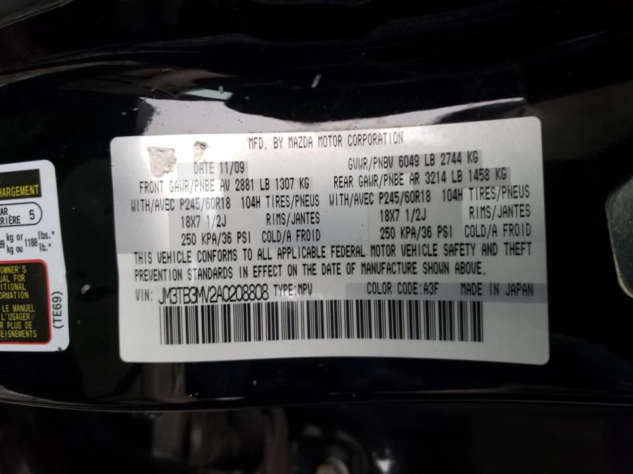Photo 10 from auction – 2010 MAZDA CX-9 with VIN JM3TB3MV2A0208808