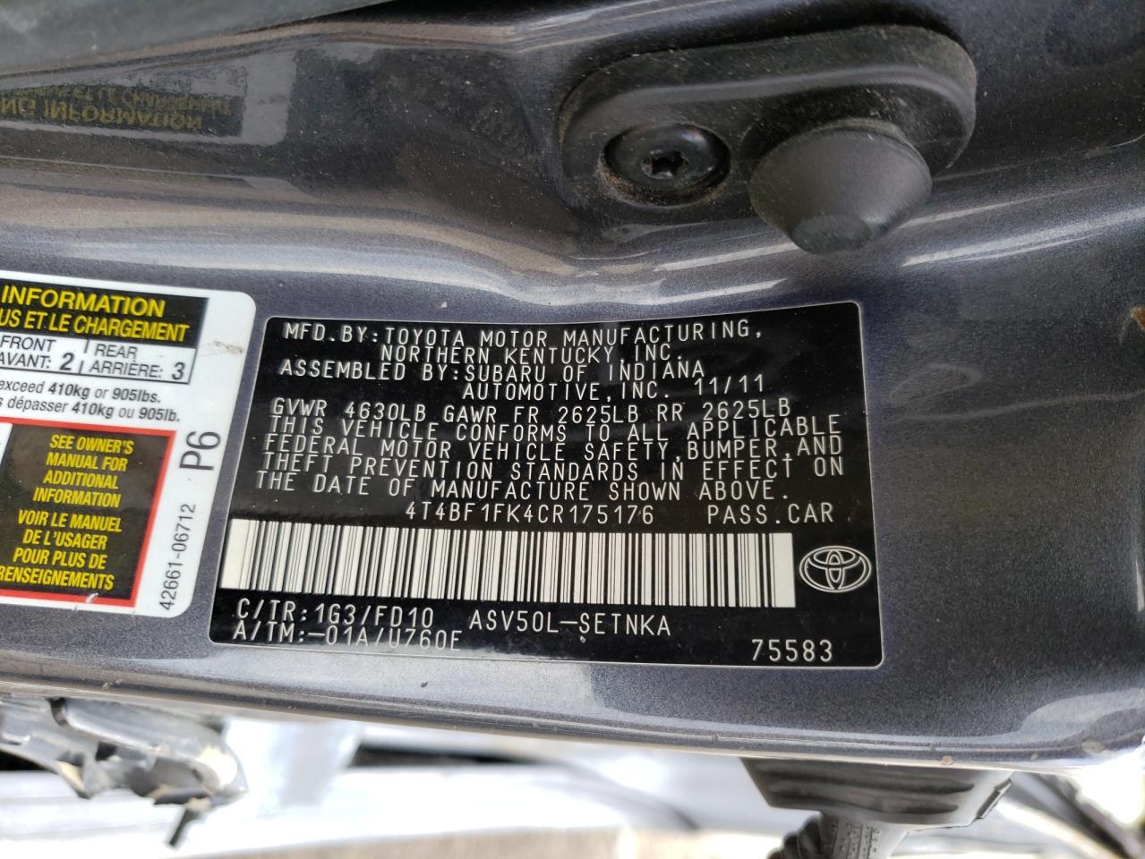 Photo 10 from auction – 2012 TOYOTA CAMRY BASE with VIN 4T4BF1FK4CR175176