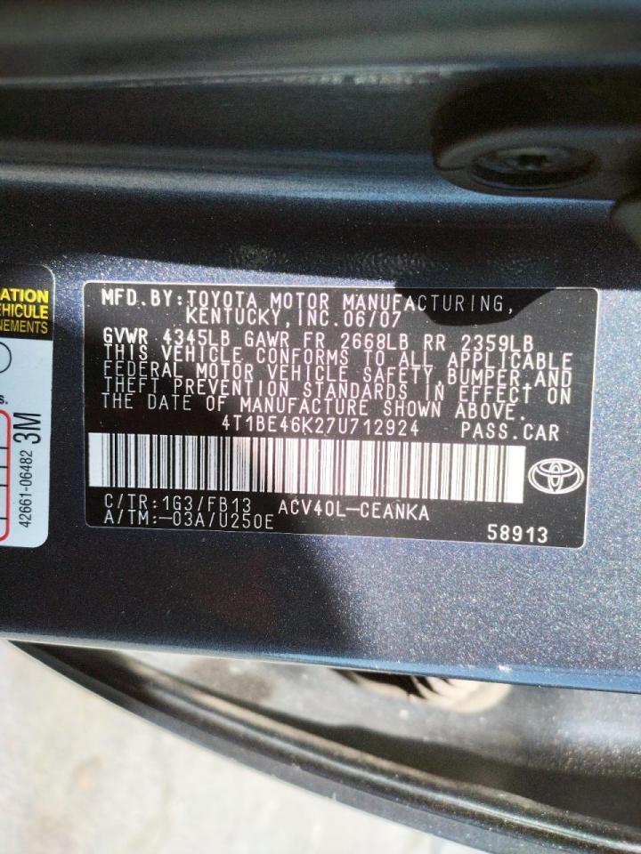 Photo 10 from auction – 2007 TOYOTA CAMRY CE with VIN 4T1BE46K27U712924
