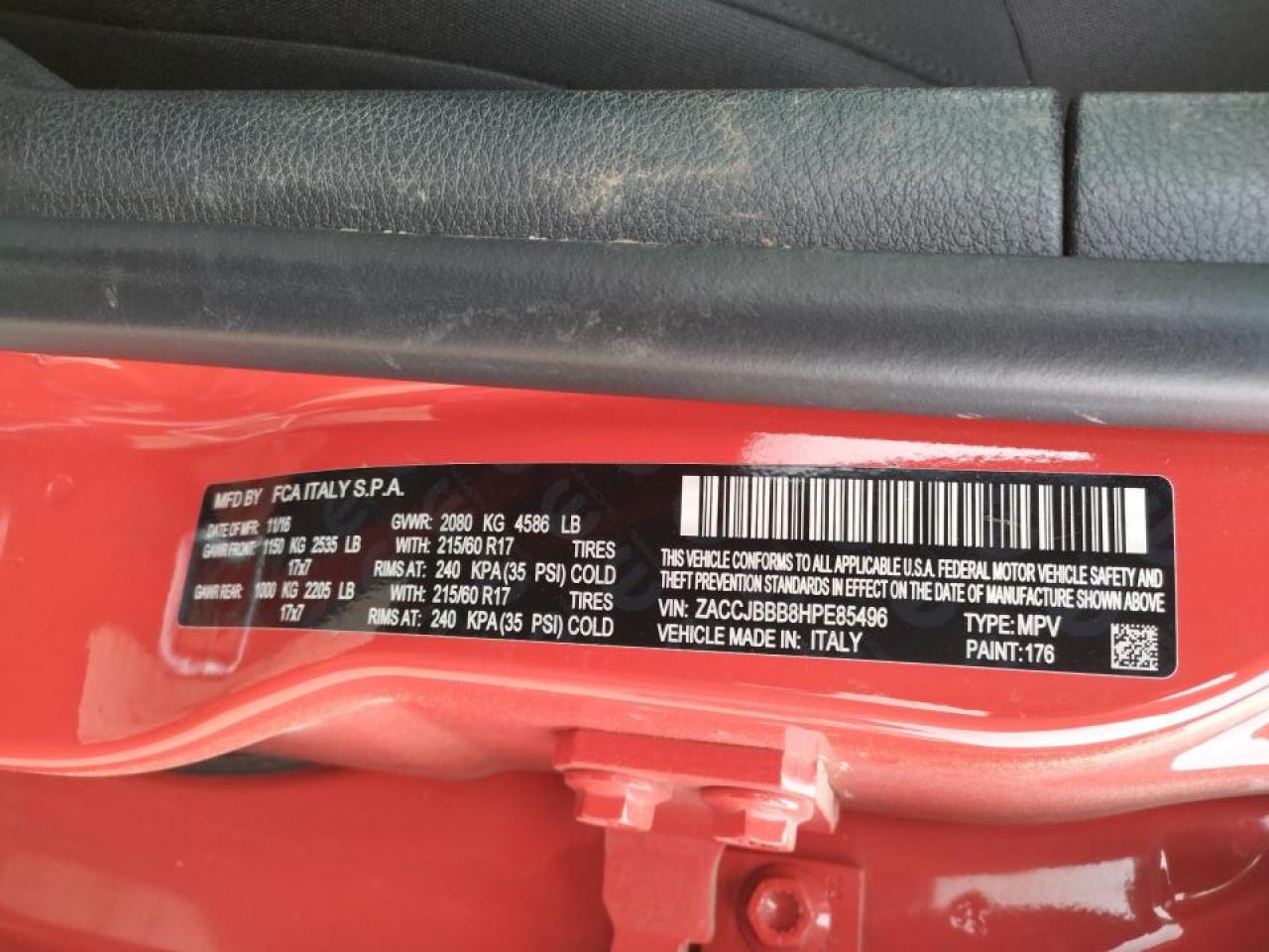 Photo 10 from auction – 2017 JEEP RENEGADE L with VIN ZACCJBBB8HPE85496