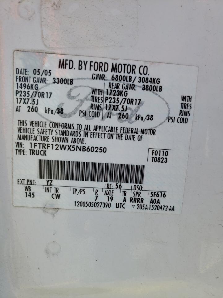 Photo 10 from auction – 2005 FORD F150 with VIN 1FTRF12WX5NB60250