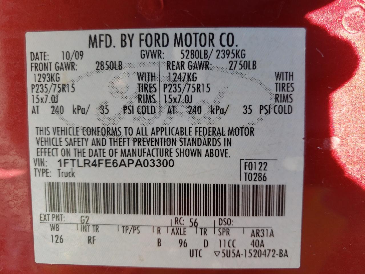 Photo 10 from auction – 2010 FORD RANGER SUP with VIN 1FTLR4FE6APA03300