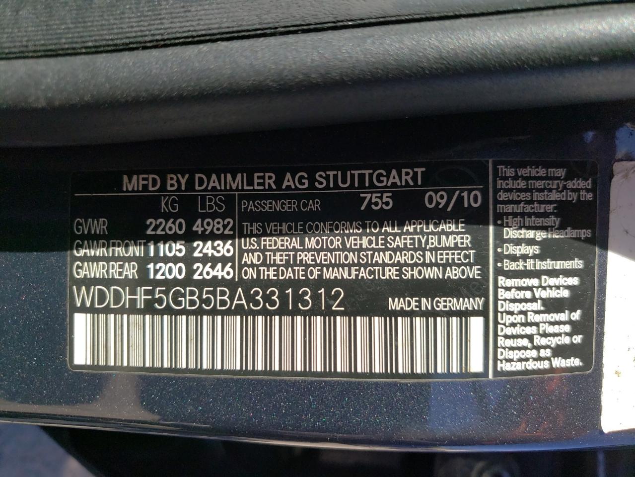 Photo 10 from auction – 2011 MERCEDES-BENZ E 350 with VIN WDDHF5GB5BA331312