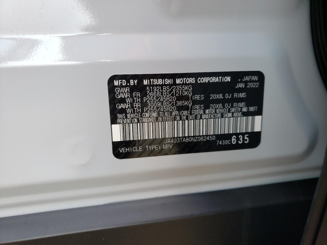 Photo 10 from auction – 2022 MITSUBISHI OUTLANDER with VIN JA4J3TA80NZ062450