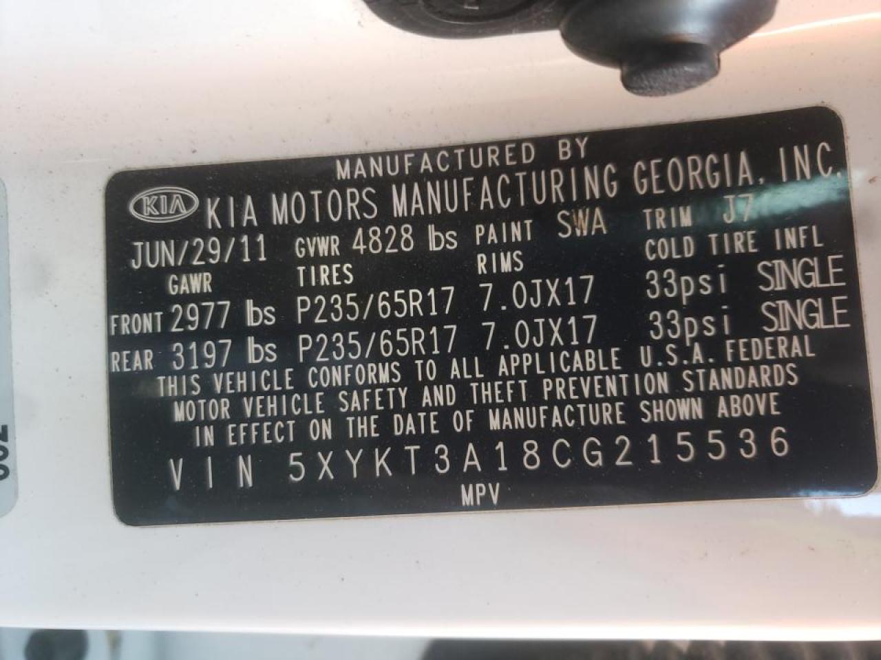 Photo 10 from auction – 2012 KIA SORENTO BA with VIN 5XYKT3A18CG215536