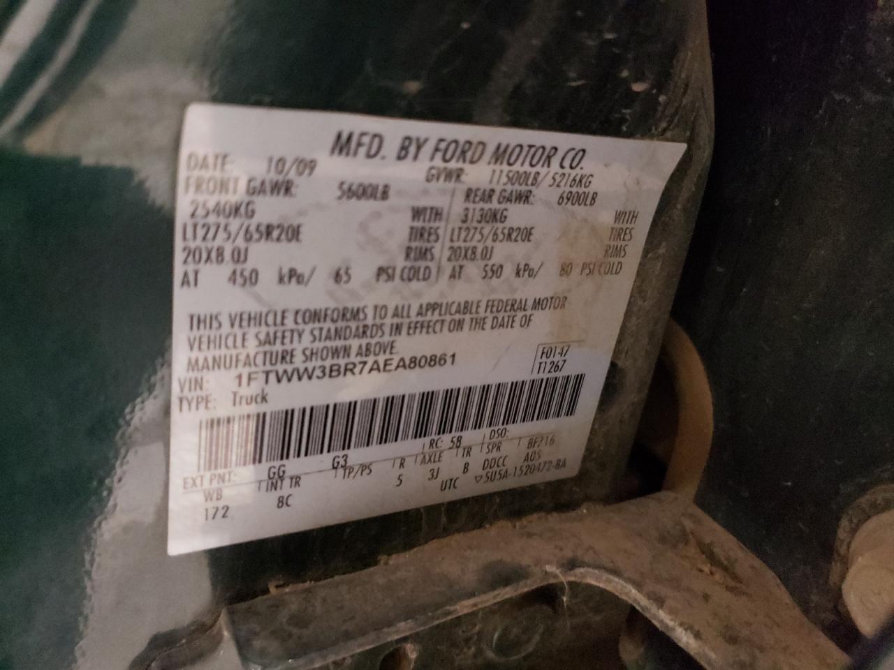 Photo 10 from auction – 2010 FORD F350 SUPER with VIN 1FTWW3BR7AEA80861