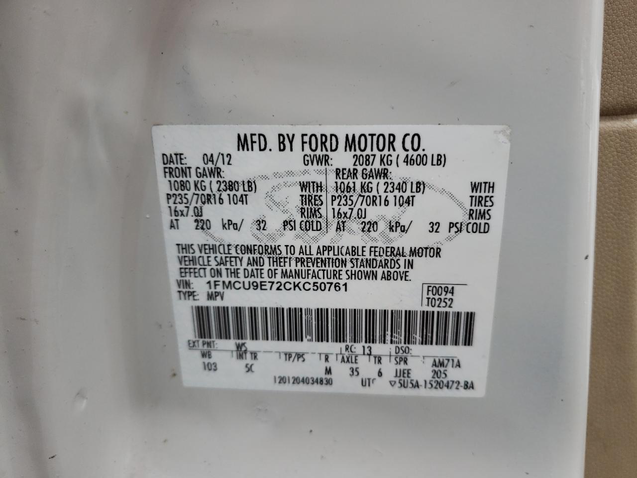 Photo 10 from auction – 2012 FORD ESCAPE LIM with VIN 1FMCU9E72CKC50761