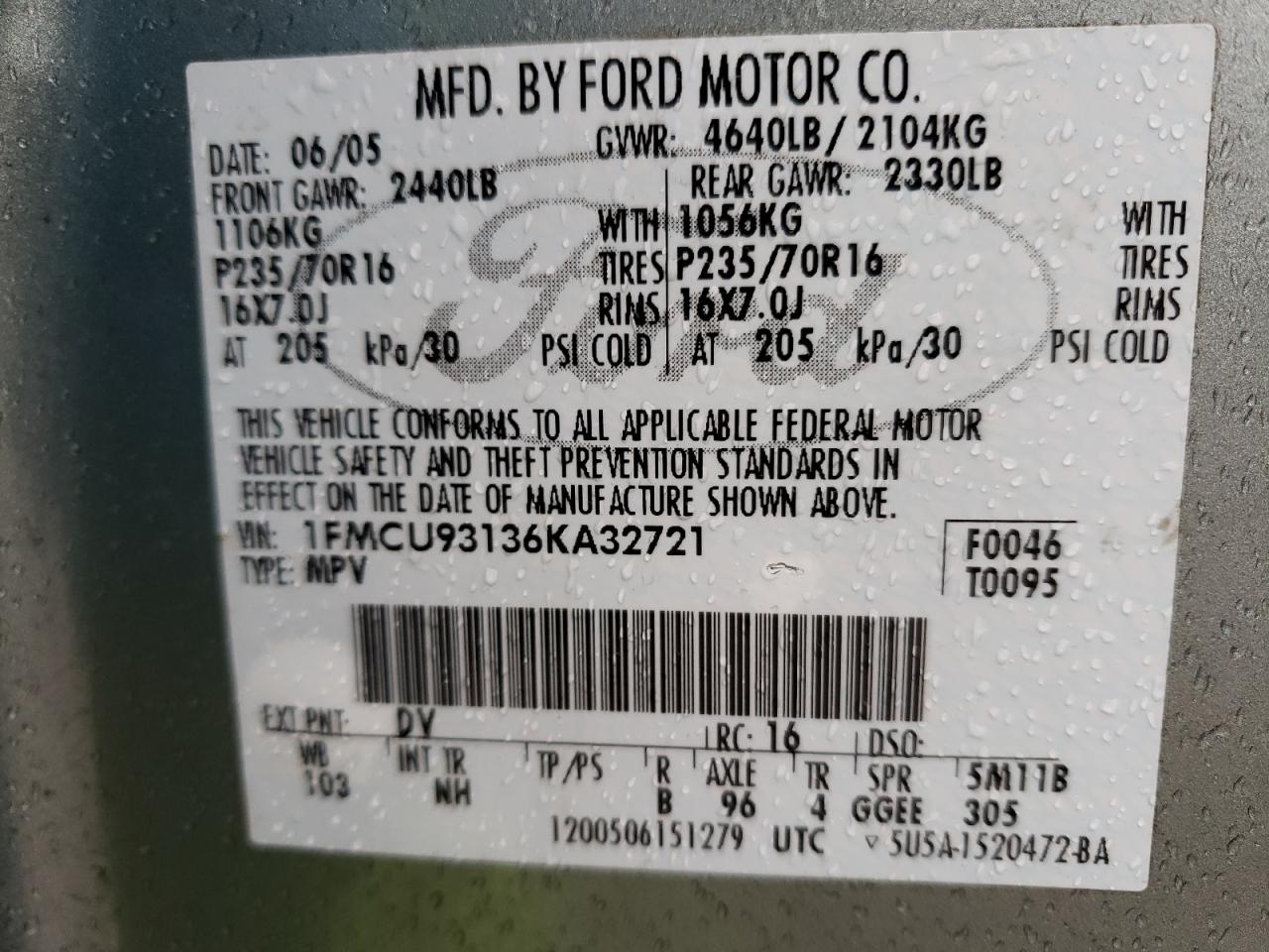 Photo 10 from auction – 2006 FORD ESCAPE XLT with VIN 1FMCU93136KA32721