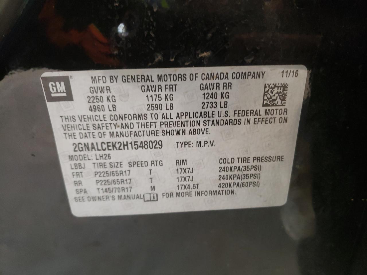 Photo 10 from auction – 2017 CHEVROLET EQUINOX LT with VIN 2GNALCEK2H1548029