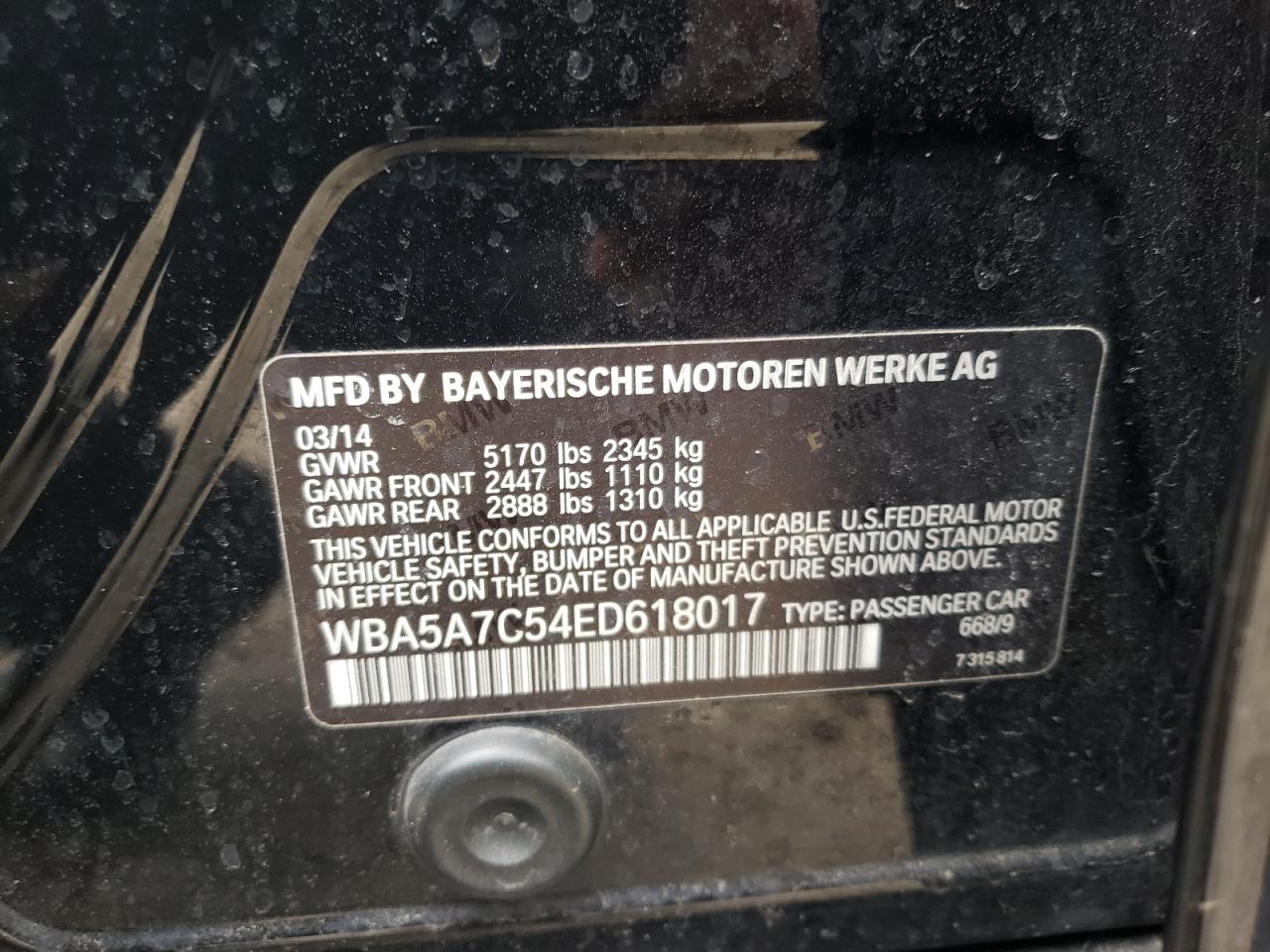 Photo 10 from auction – 2014 BMW 528 XI with VIN WBA5A7C54ED618017