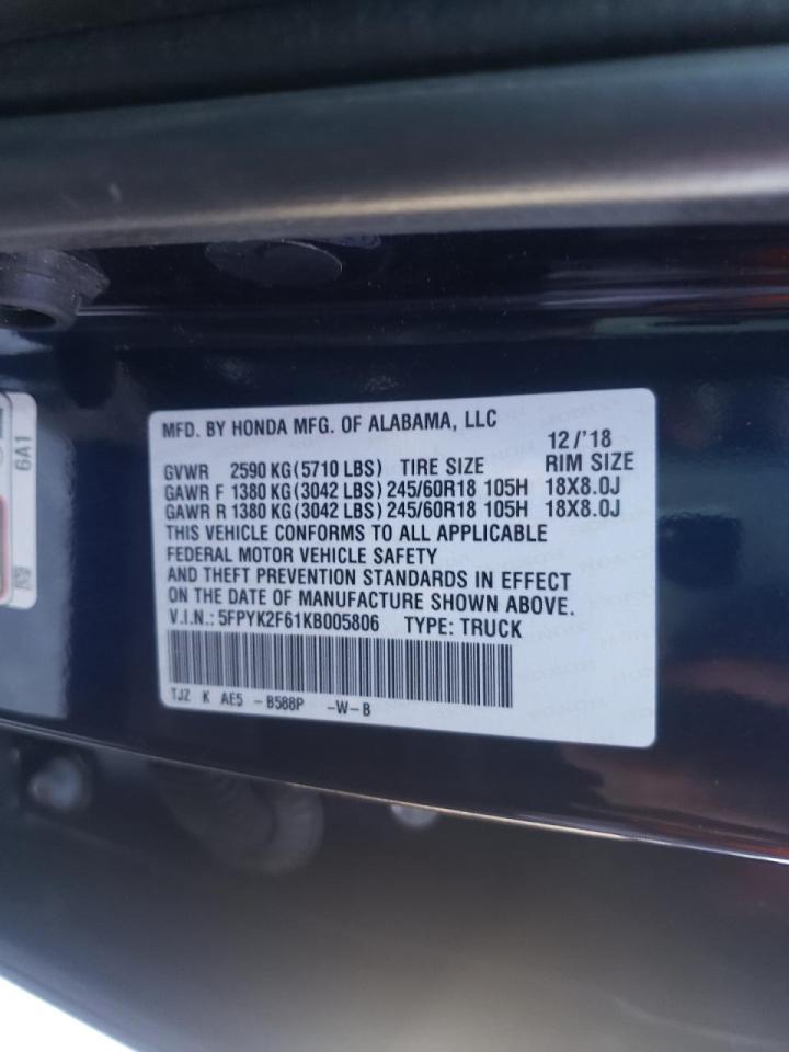 Photo 10 from auction – 2019 HONDA RIDGELINE with VIN 5FPYK2F61KB005806