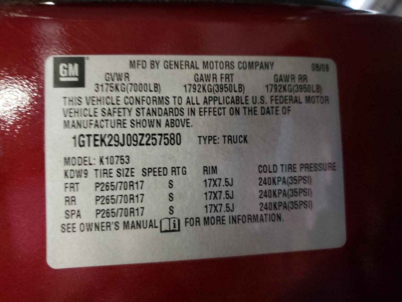 Photo 10 from auction – 2009 GMC SIERRA K15 with VIN 1GTEK29J09Z257580