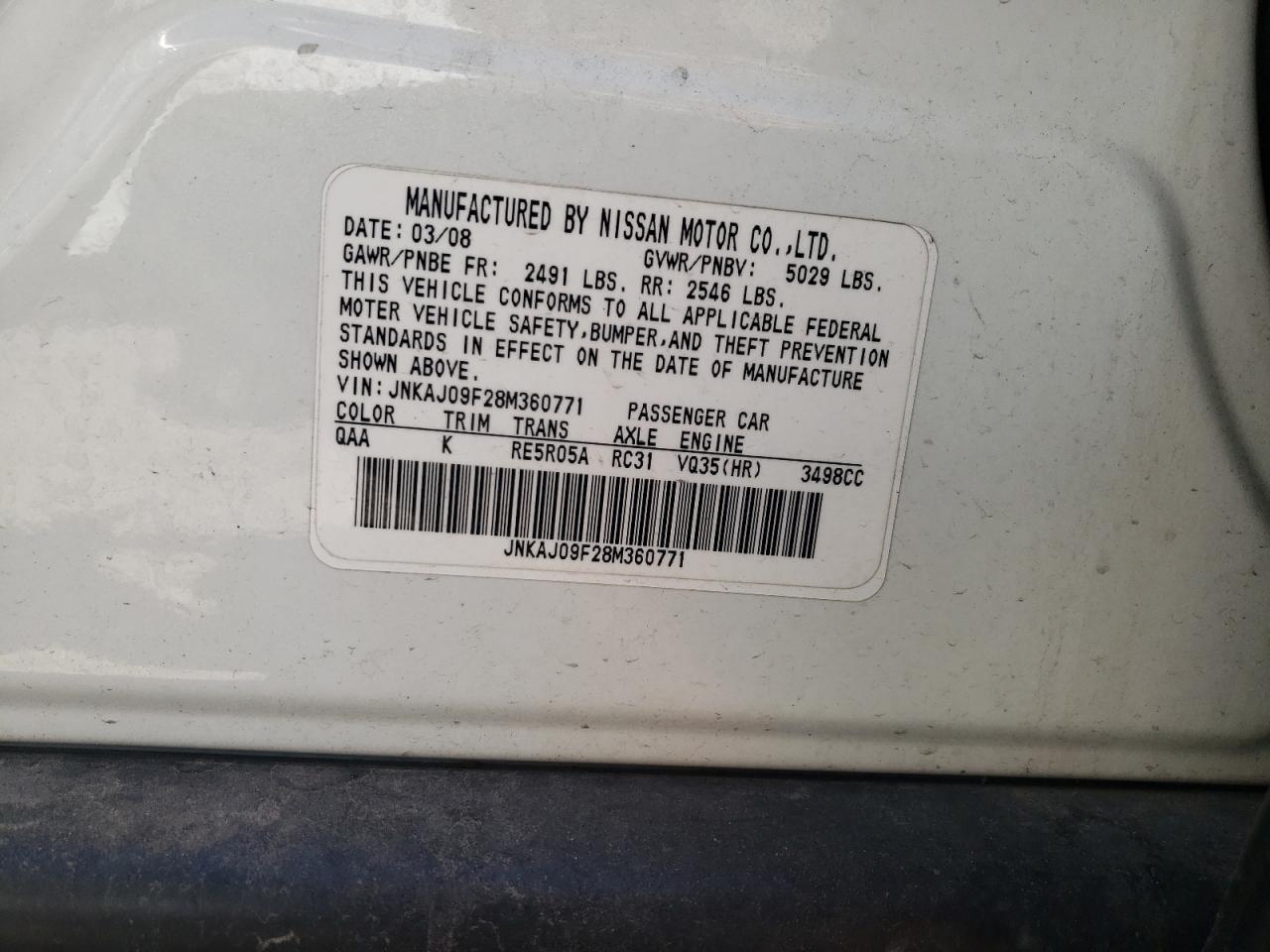 Photo 10 from auction – 2008 INFINITI EX35 BASE with VIN JNKAJ09F28M360771