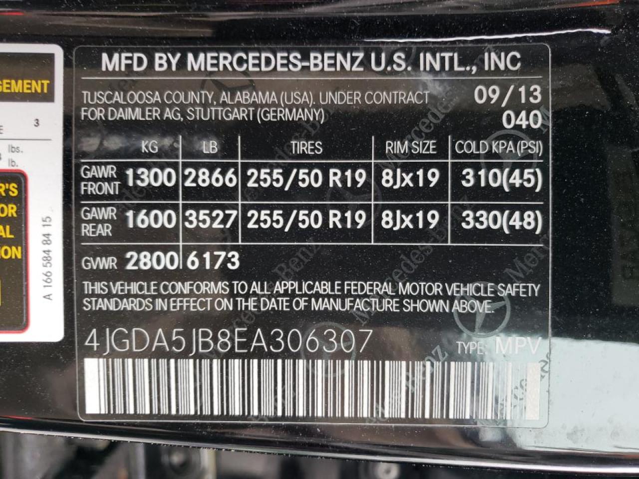Photo 10 from auction – 2014 MERCEDES-BENZ ML 350 with VIN 4JGDA5JB8EA306307