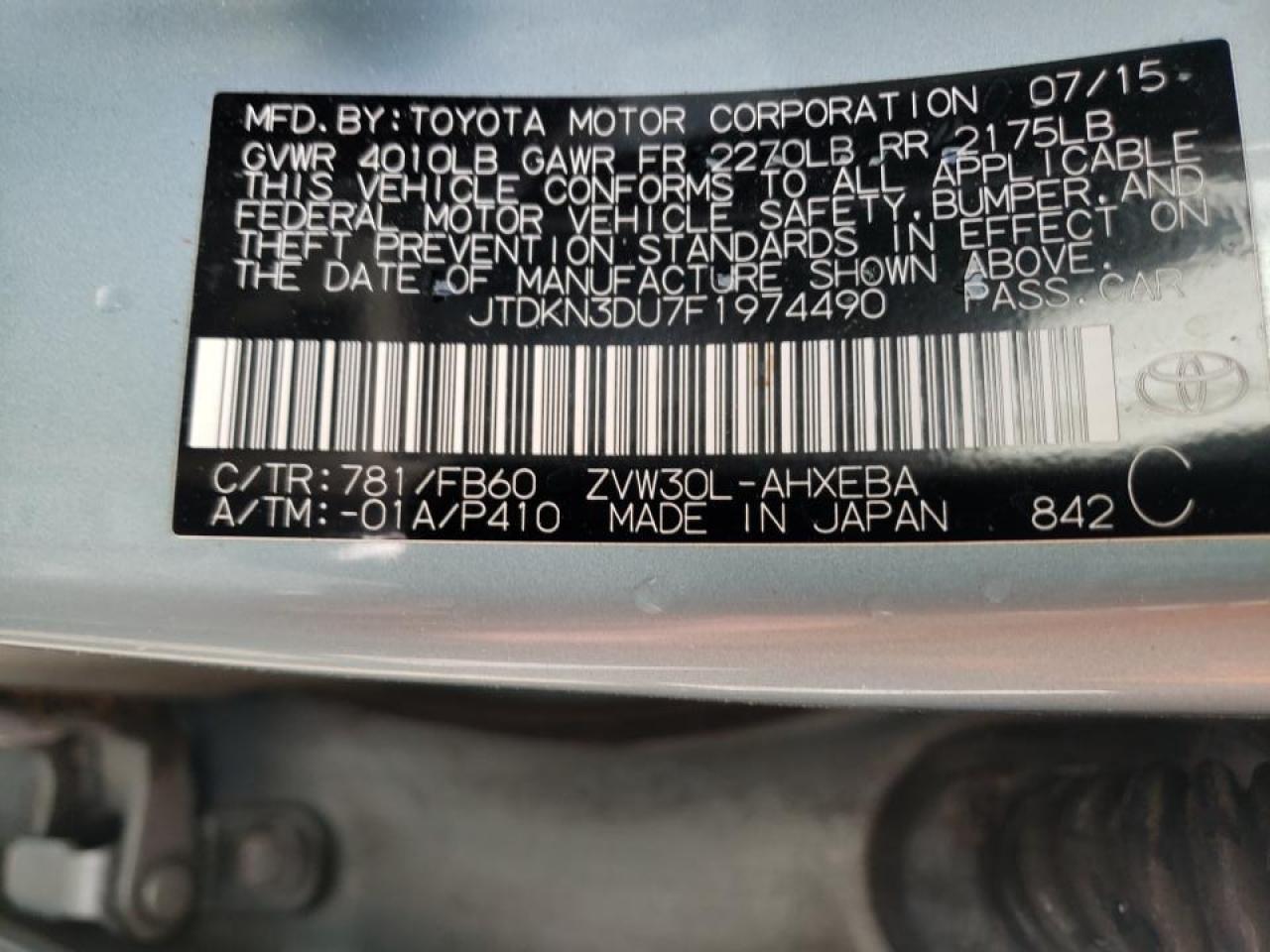 Photo 10 from auction – 2015 TOYOTA PRIUS with VIN JTDKN3DU7F1974490