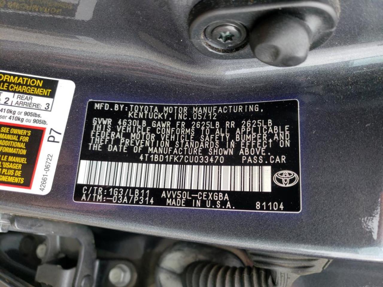 Photo 10 from auction – 2012 TOYOTA CAMRY HYBR with VIN 4T1BD1FK7CU033470