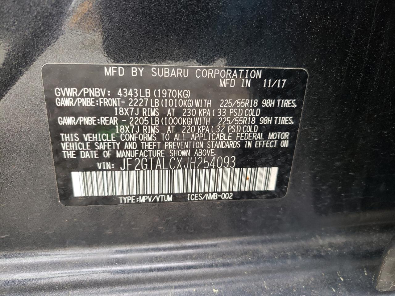 Photo 10 from auction – 2018 SUBARU CROSSTREK with VIN JF2GTALCXJH254093