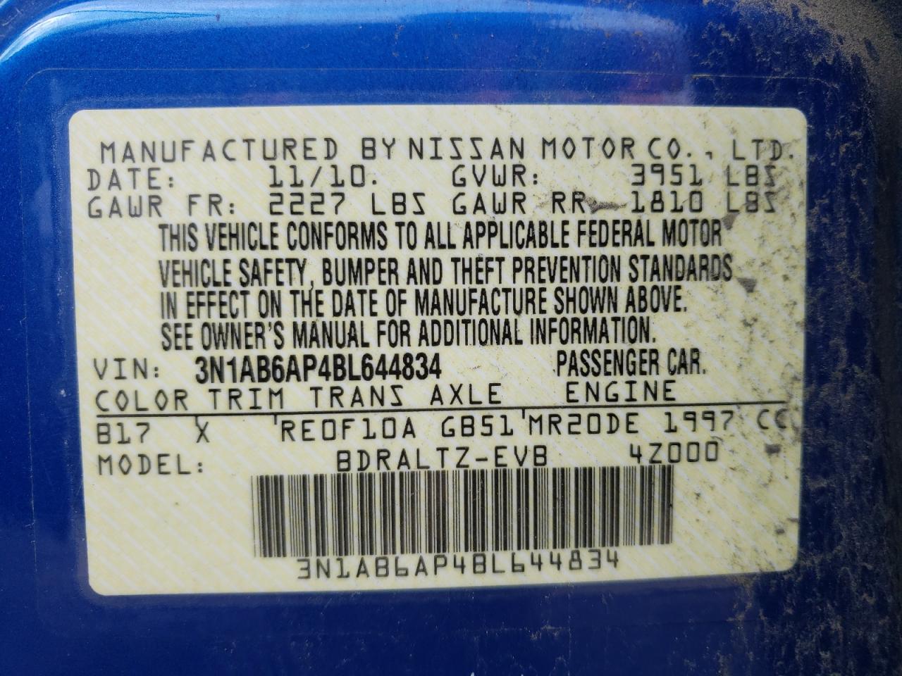 Photo 10 from auction – 2011 NISSAN SENTRA 2.0 with VIN 3N1AB6AP4BL644834