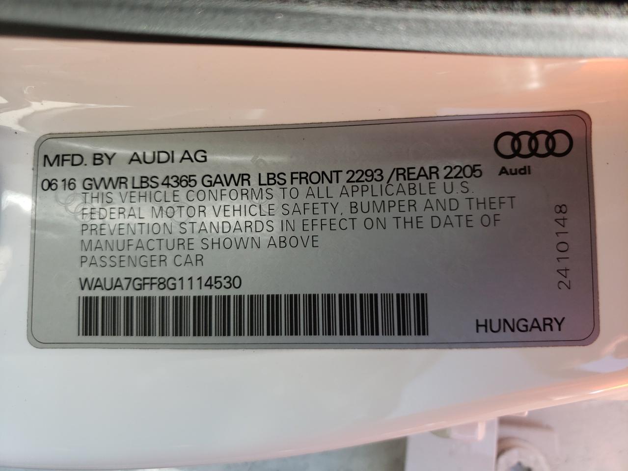 Photo 10 from auction – 2016 AUDI A3 PREMIUM with VIN WAUA7GFF8G1114530