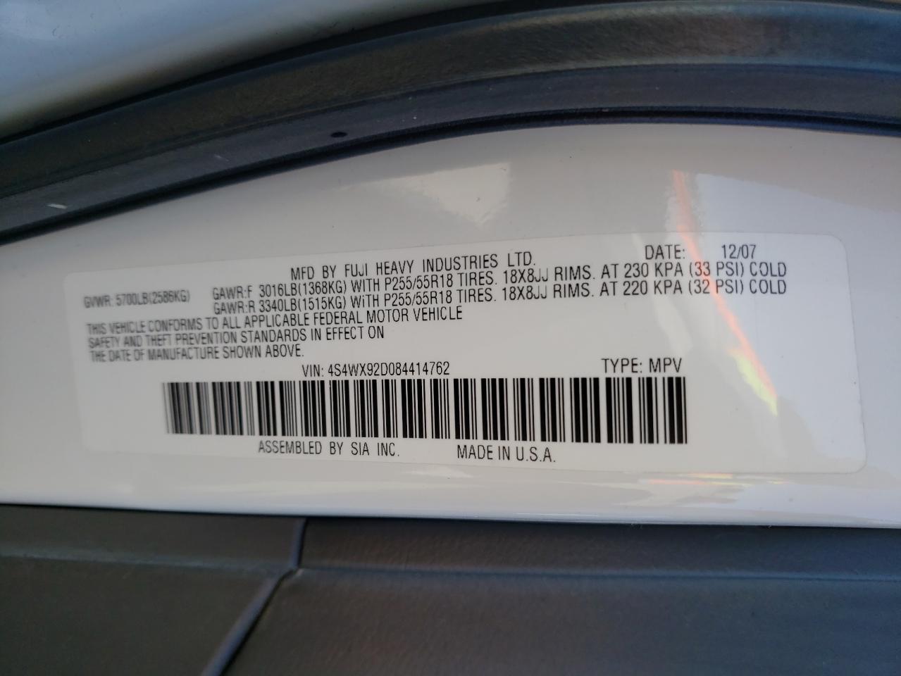 Photo 10 from auction – 2008 SUBARU TRIBECA LI with VIN 4S4WX92D084414762