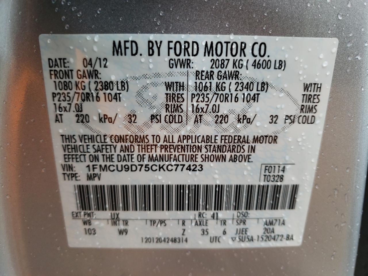 Photo 10 from auction – 2012 FORD ESCAPE XLT with VIN 1FMCU9D75CKC77423
