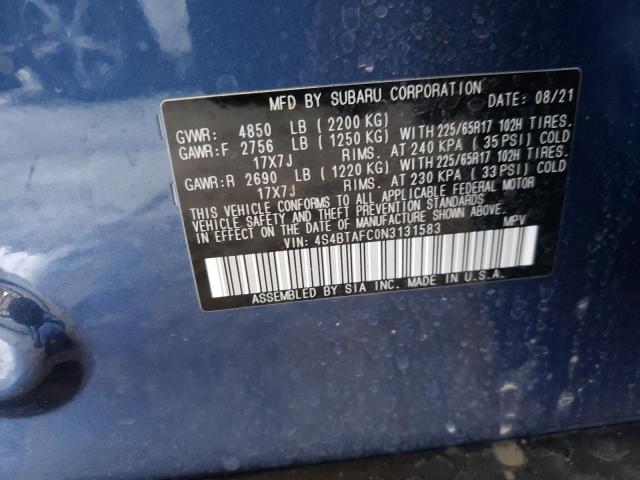 Photo 10 from auction – 2022 SUBARU OUTBACK PR with VIN 4S4BTAFC0N3131583