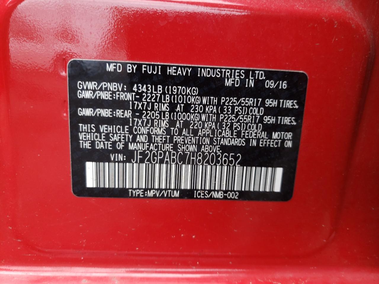 Photo 10 from auction – 2017 SUBARU CROSSTREK with VIN JF2GPABC7H8203652