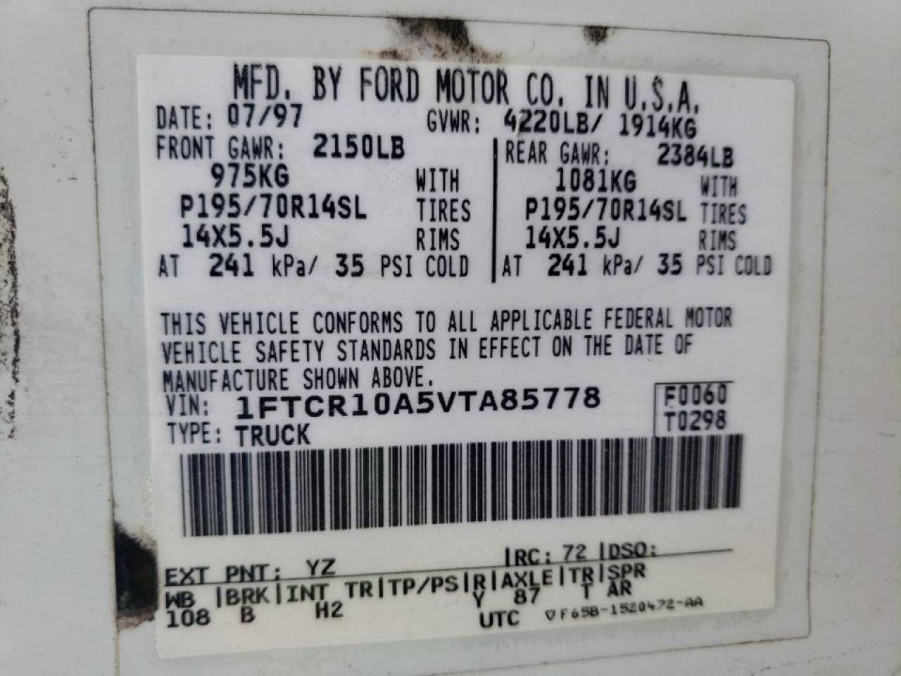 Photo 10 from auction – 1997 FORD RANGER with VIN 1FTCR10A5VTA85778