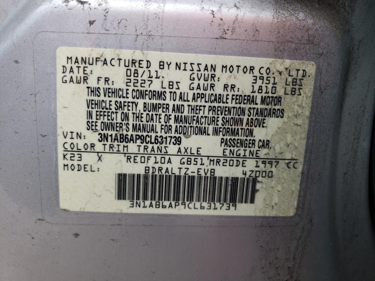 Photo 10 from auction – 2012 NISSAN SENTRA 2.0 with VIN 3N1AB6AP9CL631739